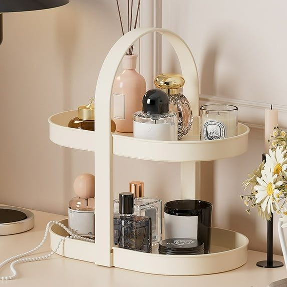 Double Desktop Shelf | Cosmetic & Aromatherapy Organizer with Handle | Thickened Plastic Storage Rack | 33.5X20.5X33.5Cm White Makeup Organizer | Heavy Duty & Stable Design