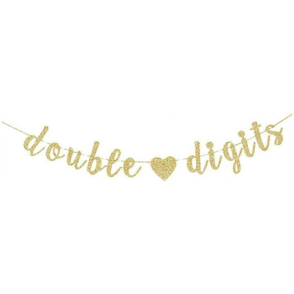 Double Digits Gold Gliter Paper Banner, Fun 10th Birthday Party Sign Garlands Shiny Photo Backdrops Decorations