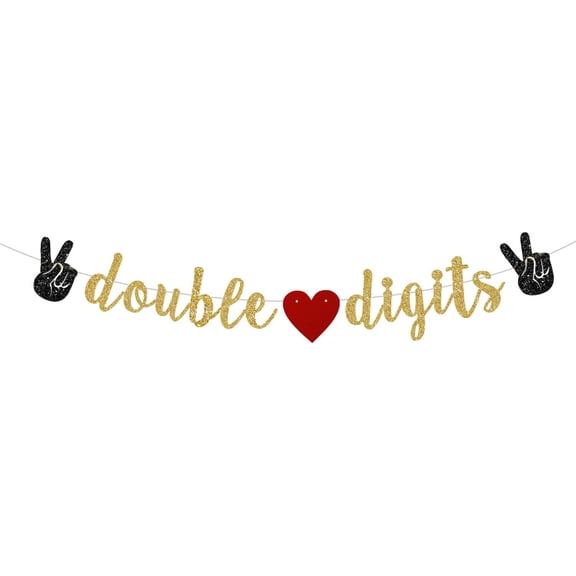 Double Digits Gold Glitter Banner - Pre-Strung Funny 10th Birthday "Cheers to 10 Years" Decor