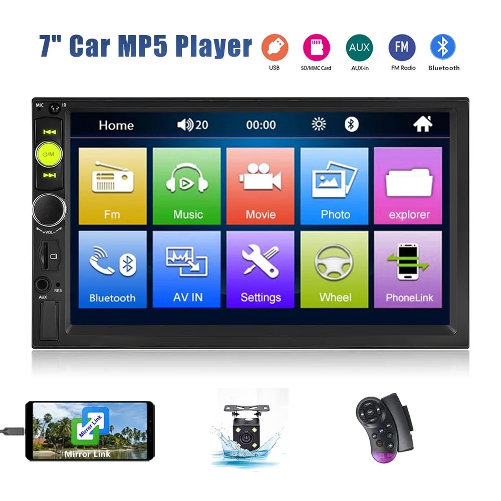 Podofo Car Stereo Double Din Car Radio 7 Inch MP5 Player with HD Touch Screen Digital Display Bluetooth Multimedia Support PhoneLink USB SD Aux Backup Camera