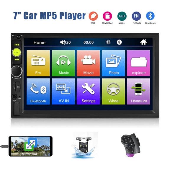 Podofo Car Stereo Double Din Car Radio 7 Inch MP5 Player with HD Touch Screen Digital Display Bluetooth Multimedia Support PhoneLink USB SD Aux Backup Camera