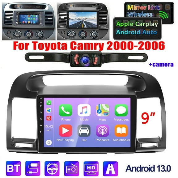 2+32G Double Din Car Radio Compatible for Toyota Camry 2000-2006 Fit for Wireless CarPlay and Android Auto, 9 Inch HD Touch Screen Digital Display Bluetooth Multimedia