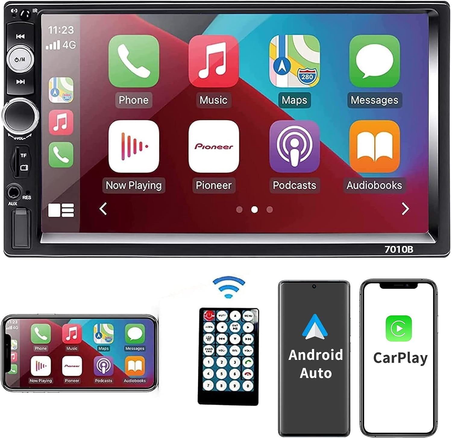 Double Din Car Stereo, 7 Inch Stereo Audio Bluetooth MP5 Player USB FM Multimedia Radio,Touchscreen,Compatible with Carplay and Android Auto, Screen for All Vehicles, Black