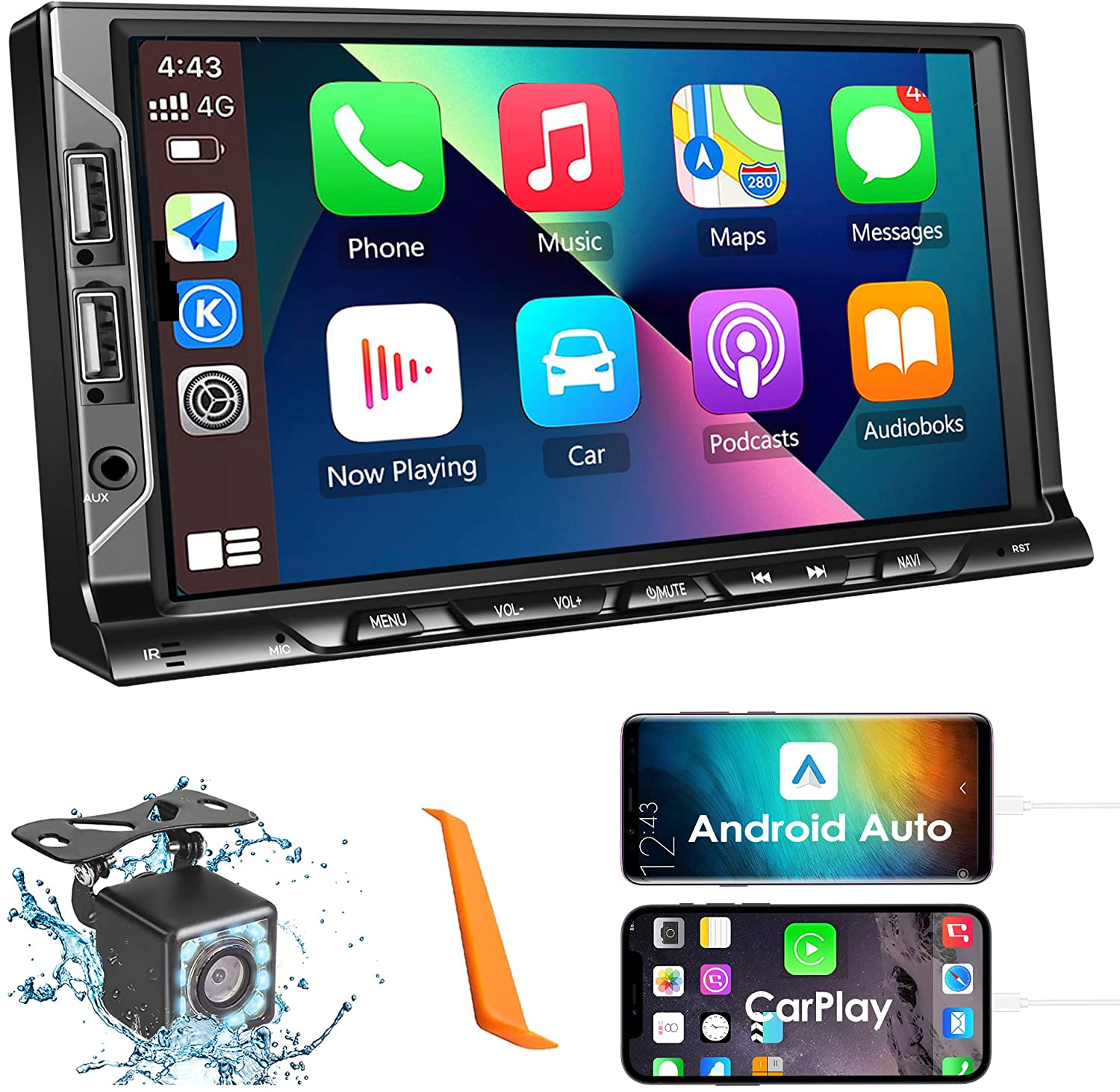 Double Din Car Stereo, in-Dash Car Radio with Apple CarPlay/Android Auto  Bluetooth 7 Inch HD Touchscreen Auto Radio with Backup Camera, FM/Mirror
