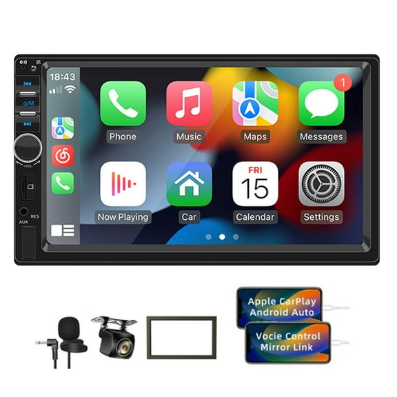 Double Din Car Stereo Carplay, 7-Inch Touch Screen, Bluetooth 5.1, CarPlay/Android Auto, Backup Camera, USB/TF Card Slots, FM Radio, AUX Input