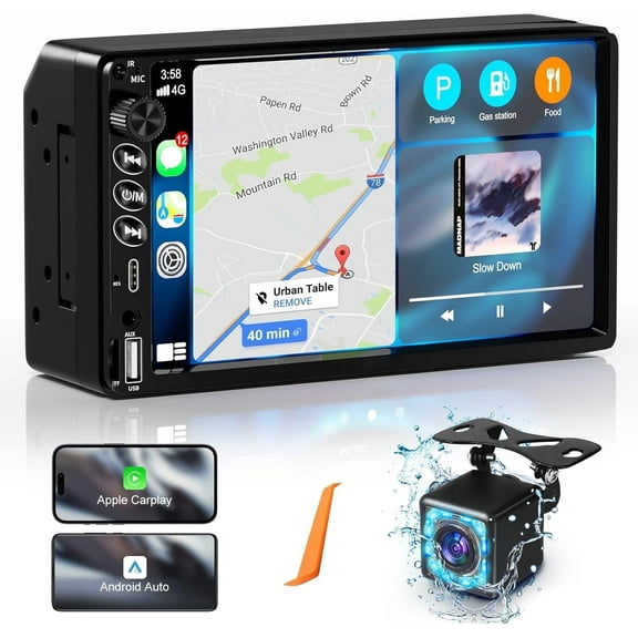 Double Din Car Stereo with Apple CarPlay & Android Auto, 7-Inch HD Touchscreen Car Radio with USB & Type-C Ports, Bluetooth, FM, Backup Camera
