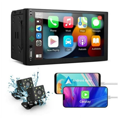Double Din Car Stereo Compatible with Apple Carplay and Android Auto, 7-inch Full Touch HD Capacitive Screen, Mirror Link, Bluetooth, Front and Backup Cameras, Subwoofer, AM/FM Car Radio