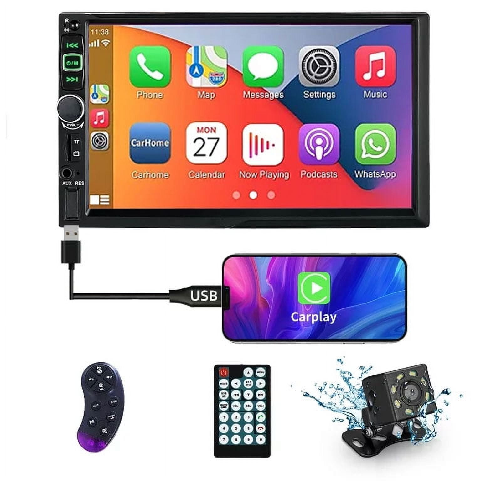 Double Din Car Stereo Compatible with IOS Carplay and Android Auto, 7-inch  HD Touchscreen with Voice Control Audio Receiver, Mirror Link, Backup  Camera, SWC, Bluetooth, AM/FM, USB/AUX Port 