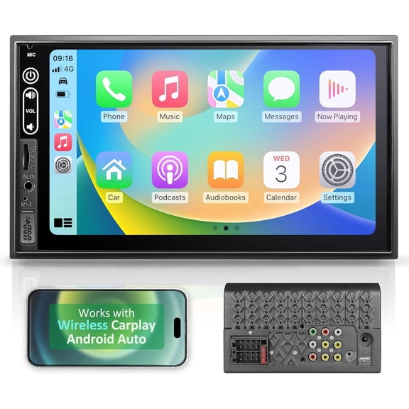 Double Din Car Stereo Compatible with Wireless Apple Carplay, Android Auto - 7" Touch Screen Car Audio Receiver with Bluetooth, AUX, FM Car Radio
