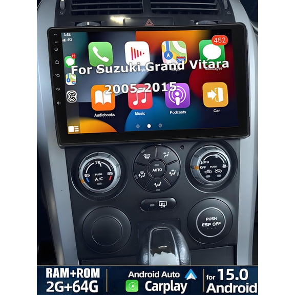 Double Din Car Stereo for Suzuki Grand Vitara 2005-2015 9" Android 15 with CarPlay and Android Auto GPS Navi BT WiFi RDS Radio Split Screen 2+64G