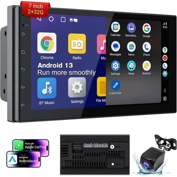 Double Din Car Stereo with 7 Inch HD Touchscre, Wireless CarPlay & Android Auto, Bluetooth GPS Navigation, FM/AM Radio with Backup Camera