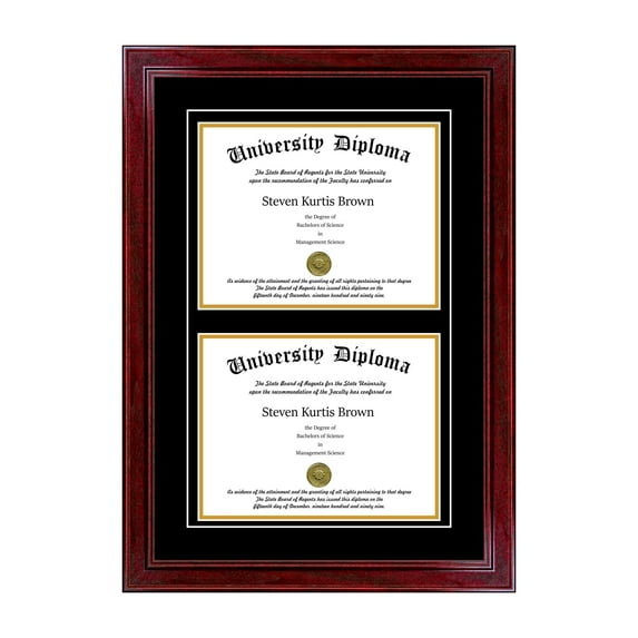 Double Diploma Frame with Double Matting for 10" x 8" Tall Diploma with Cherry 1.5" Frame