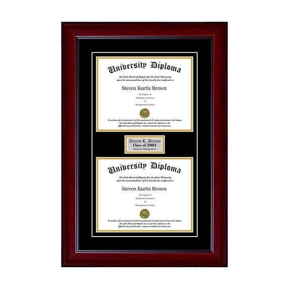 Personalized Double Diploma Frame with Double Matting for 10" x 8" Tall Diploma with Mahogany 2" Frame