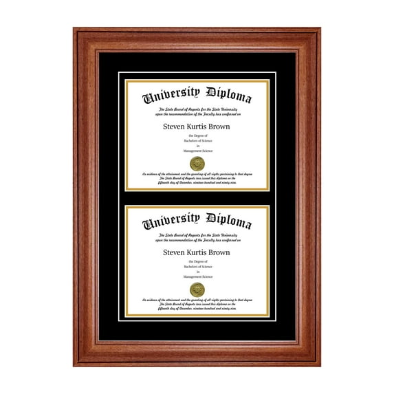 Double Diploma Frame with Double Matting for 10" x 8" Tall Diploma with Walnut 2" Frame