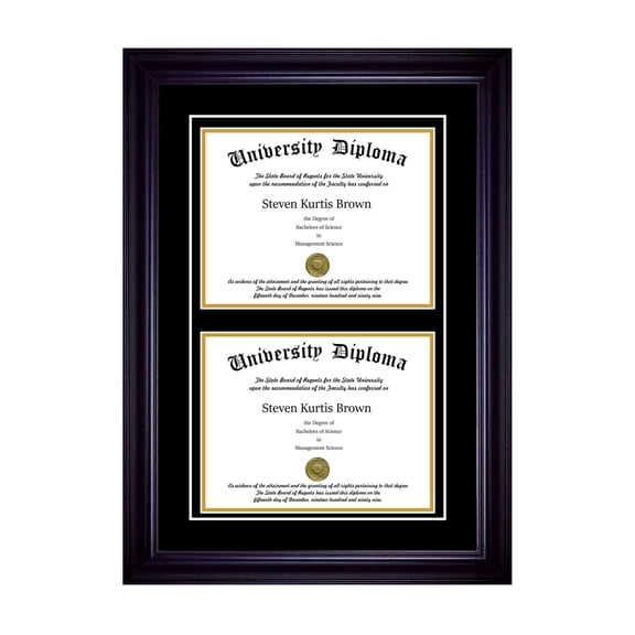Double Diploma Frame with Double Matting for 14" x 11" Tall Diploma with Black 2" Frame