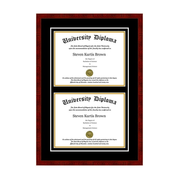 Double Diploma Frame with Double Matting for 14" x 11" Tall Diploma with Black 3/4" Frame