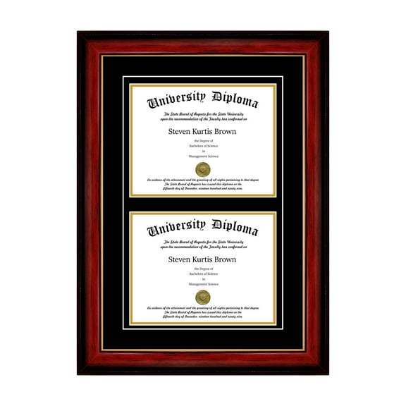 Double Diploma Frame with Double Matting for 14" x 11" Tall Diploma with Mahogany with Gold Lip 2" Frame