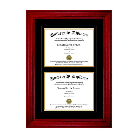 Double Diploma Frame with Double Matting for 15" x 12" Tall Diploma with Cherry 2" Frame