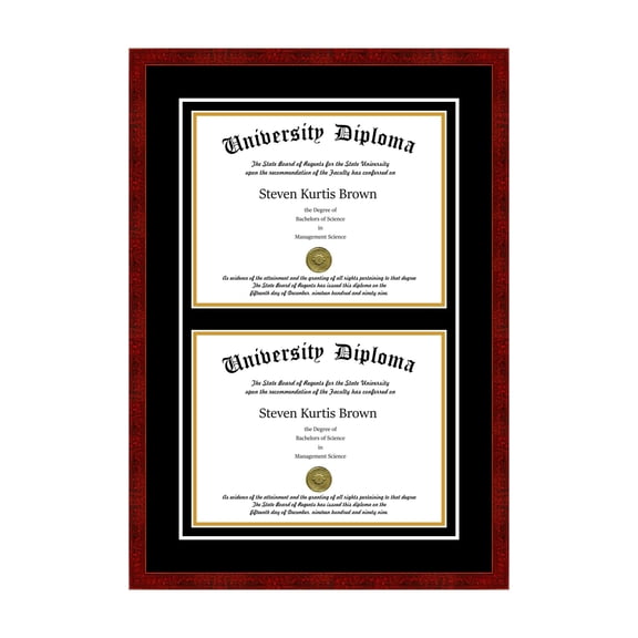 Double Diploma Frame with Double Matting for 17" x 14" Tall Diploma with Black 3/4" Frame