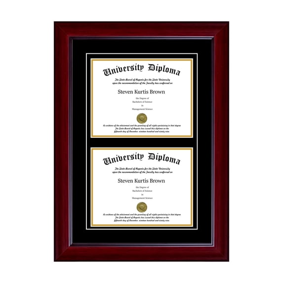 Double Diploma Frame with Double Matting for 17" x 14" Tall Diploma with Mahogany 2" Frame