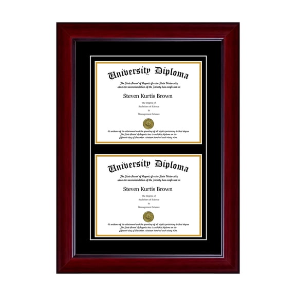 Double Diploma Frame with Double Matting for 17" x 14" Tall Diploma with Mahogany 2" Frame