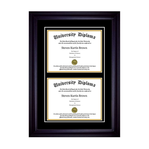 Double Diploma Frame with Double Matting for 9" x 7" Tall Diploma with Black 2" Frame