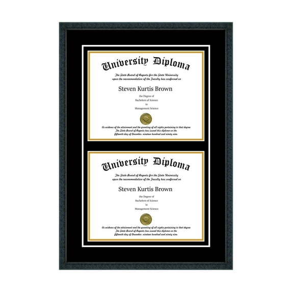 Double Diploma Frame with Double Matting for 9" x 7" Tall Diploma with Black 3/4" Frame