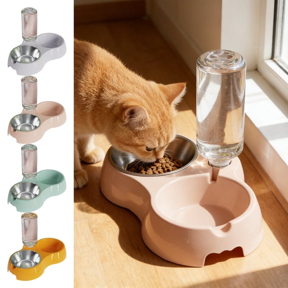 Double Dog Cat Bowl, Pet Feeding Bowl with Water Dispenser and Stainless Steel Food Dish,Multipurpose Large Capacity Automatic Water Refill 2 in 1 Design Pet Feeder Water Dispenser Set