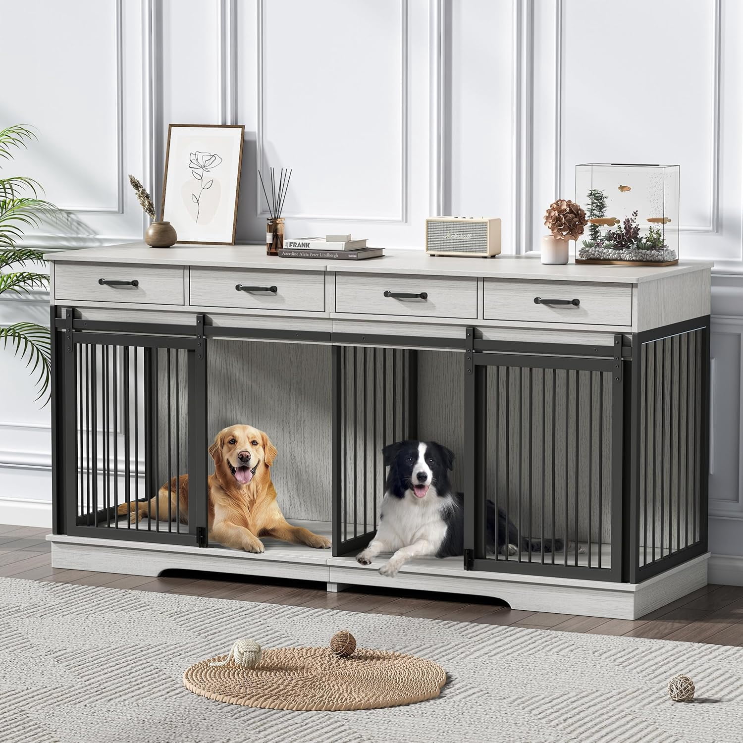 Double Dog Crate, Cuoote Large Dog Crate Furniture for 2 Dogs, 71