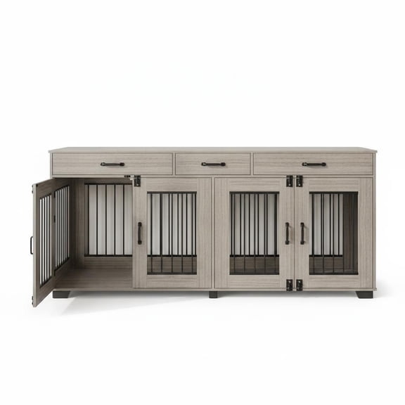 Double Dog Crate Furniture for 2 Large/Medium Dogs - 71" Heavy Duty Indoor Kennel, 3 Drawers, TV Stand, Spacious Cage with Divider, Durable Wooden Construction - Eucalyptus 32 AB Box