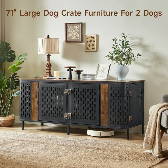 Double Dog Crate Furniture - 70.8" Indoor Heavy Duty Pet Cage with Removable Divider & 4 Doors, Escape Proof Wooden Kennel TV Stand for Medium Large Dogs