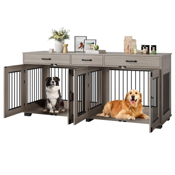 Double Dog Crate Furniture, 71 Inch Wooden Indoor Kennel with Drawers