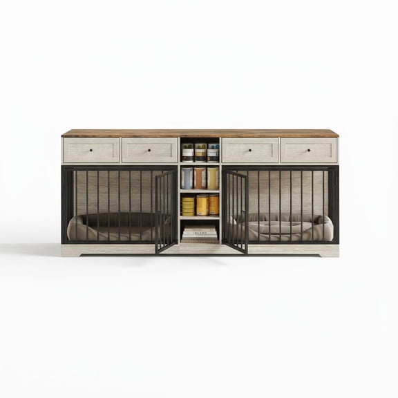 Double Dog Crate Furniture, Extra Large Wooden Indoor Kennel with Storage