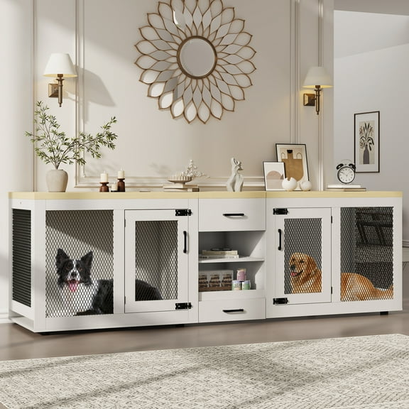 Double Dog Crate Furniture for Large Dogs – 90 Inch Extra Large Heavy Duty Kennel TV Stand with Feeding Station, Storage, Divider, 4 Bowls – Furniture-Style – Log Top + White Cabinet