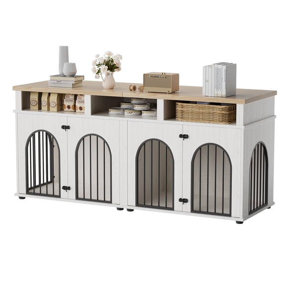 Double Dog Crate Furniture, Wooden Indoor Kennel TV Stand with Storage Shelves