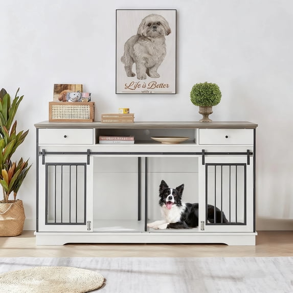 Double Dog Crate Furniture with Tabletop, 2-Door Indoor Kennel for Large Dogs, Wooden and Metal Construction in White and Walnut color