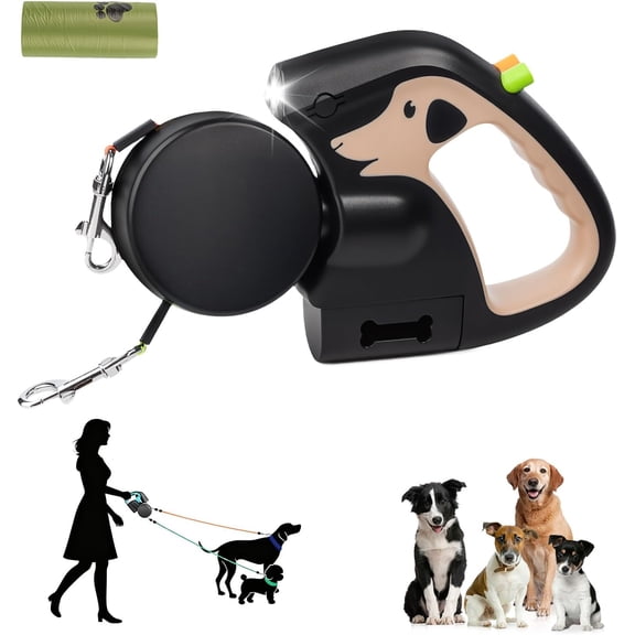 Double Dog Lead for Walking 2 Dogs No Tangle  3m Retractable Dog Lead with 360    Tangle-Free Nylon Tape, Anti-Slip Handle, Rechargeable Flashlight and Waste Bag Dispenser for Dogs up to 10kg