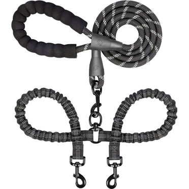 Double Dog Leash for 2 Dogs, Dual Dog Training Leash, Dinosam 360 Swivel No Tangle Walking Two Dog Leash for Dog Training, Shock Absorbing Bungee Double Leash for 2 Dogs, Black (25-150 lbs)