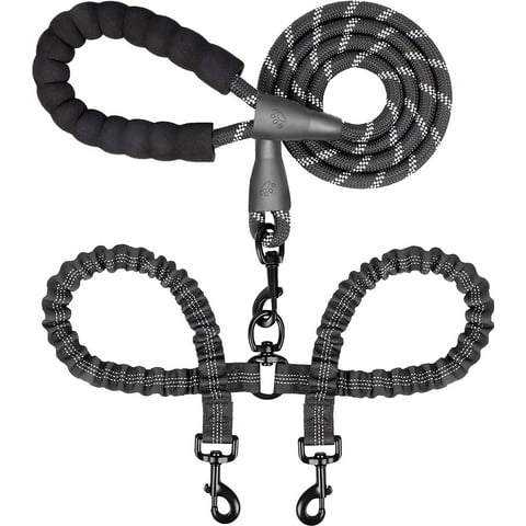Double Dog Leash for 2 Dogs, Dual Dog Training Leash, Dinosam 360 Swivel No Tangle Walking Two Dog Leash for Dog Training, Shock Absorbing Bungee Double Leash for 2 Dogs, Black (25-150 lbs)