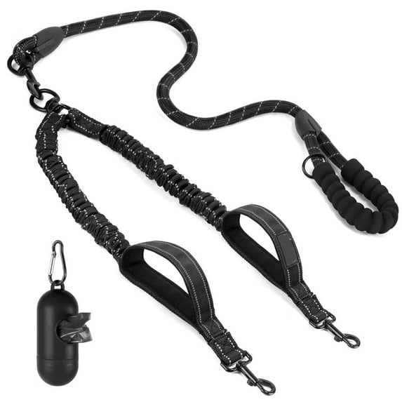 Double Dog Leash 90cm Nylon Bungee Reflective Shock-Absorbing Animal Leash, Black