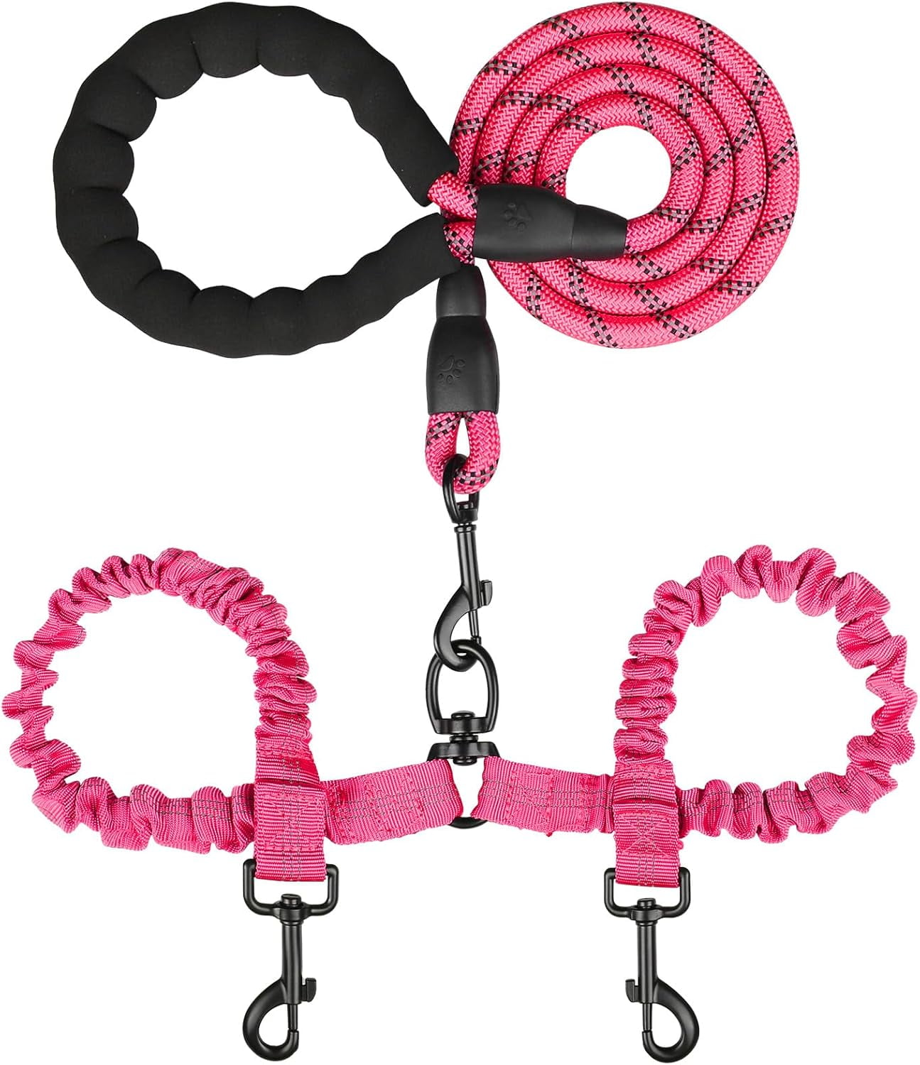 Double Dog Leash, Dual Dog Leash, 360° Swivel Tangle Free Bungee Walking Training for Large Medium Dogs, Shock Absorbing Bungee Reflective for Two Dogs, 18~121 lbs, Black