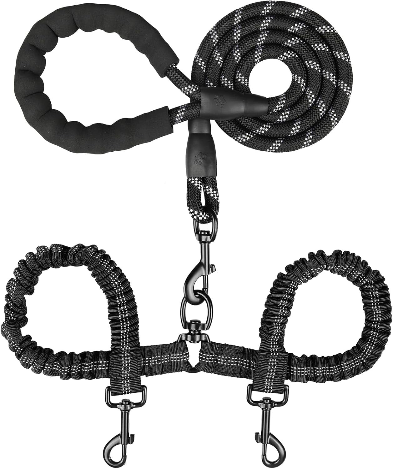 Double Dog Leash, Dual Dog Leash, 360° Swivel Tangle Free Bungee Walking Training for Large Medium Dogs, Shock Absorbing Bungee Reflective for Two Dogs, 18~121 lbs