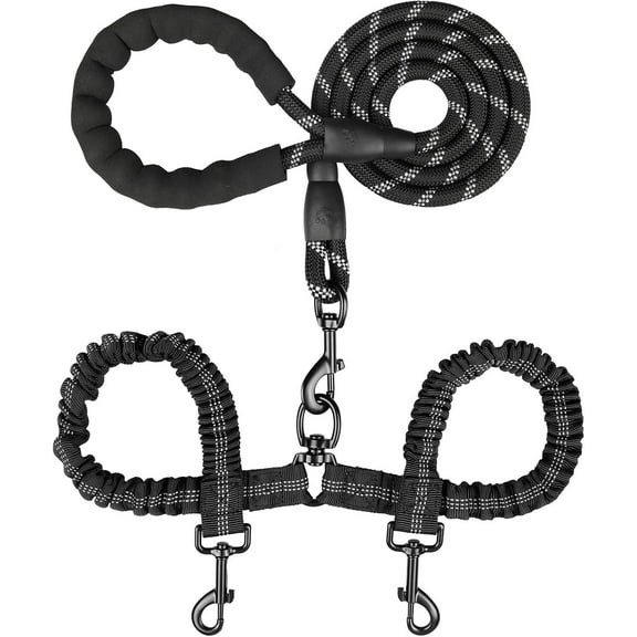 Double Dog Leash, Dual Dog Leash, 360° Swivel Tangle Free Bungee Walking Training for Large Medium Dogs, Shock Absorbing Bungee Reflective for Two Dogs