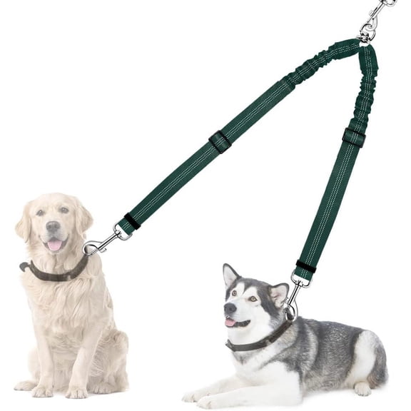 Double Dog Leash, No Tangle 360° Swivel Rotation Reflective Lead Attachment Adjustable Length Dual Two Dogs Lead Splitter, Comfortable Shock Absorbing Walking Training for 2 Dogs