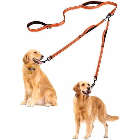 Double Dog Leash, No Tangle Dual Leash, Reflective Walking Training Lead, 4 Comfortable Padded Handles for 2 Dogs with Collapsible Bowl and Waste Bags (Orange, Large)