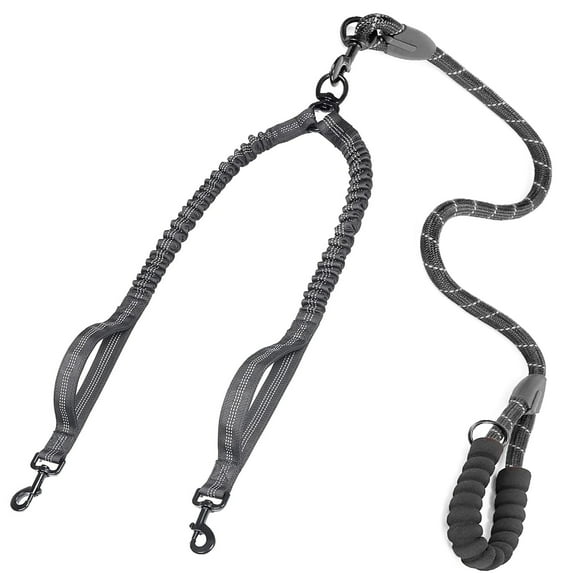 Double Dog Leash with 2 Handles, 360 Swivel No Tangle Dual Dog Leash, Comfortable Shock Absorbing Reflective Bungee for Two Pets (18~120 lbs, Black)