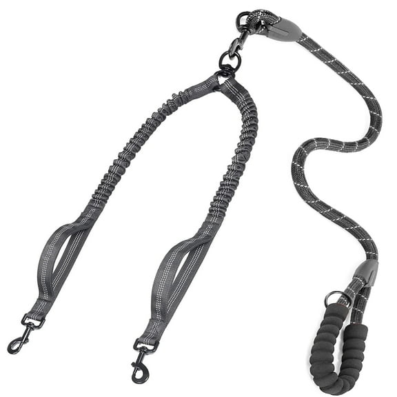 Double Dog Leash with Two Extra Handles, 360 Swivel No Tangle Dual Dog Walking Leash, Comfortable Shock Absorbing Reflective Bungee for Two Dogs (18~120 lbs, Black)
