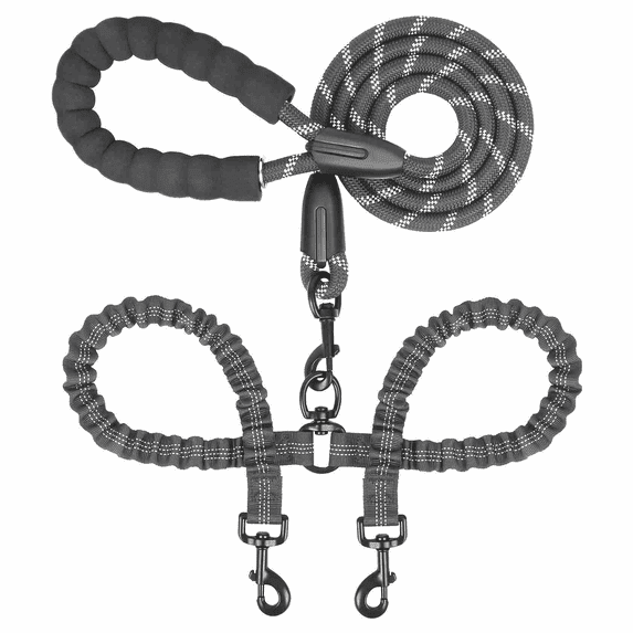 Double Dog Leash for Two Dogs, 360° Swivel, No-Tangle, Shock Absorbing Bungee