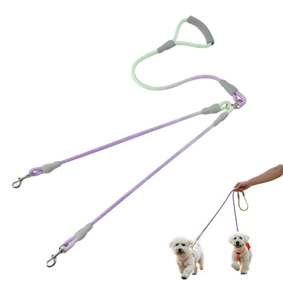 Double Dog Leash for Small Dogs, Gradient Nylon Rope, with Foam Handle for 2 Dogs _ Purple