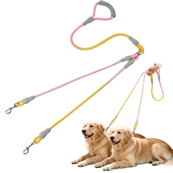 Double Dog Leash for Two Dogs, Nylon Walking Lead with Foam Handle, Gradient Rope Prevents Tangling for Small to Medium Dogs _ Yellow